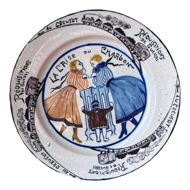 Antique 1917 Hr Quimper Assiettes Du Cercle Du Soldat or Circle of the Soldier of the 6th Arrt Faience Plate La Crise Du Charbon/the Coal Crisis For Sale