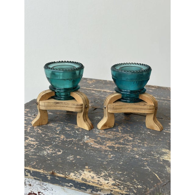 Blue Vintage Make-Do Hemingray Glass Insulator Candleholders With Laminated Wood Bases, a Pair, Circa Mid 20th Century For Sale - Image 8 of 18