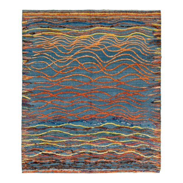 Blue Modern Moroccan Style Wool Rug With Allover Multicolor Abstract Design For Sale