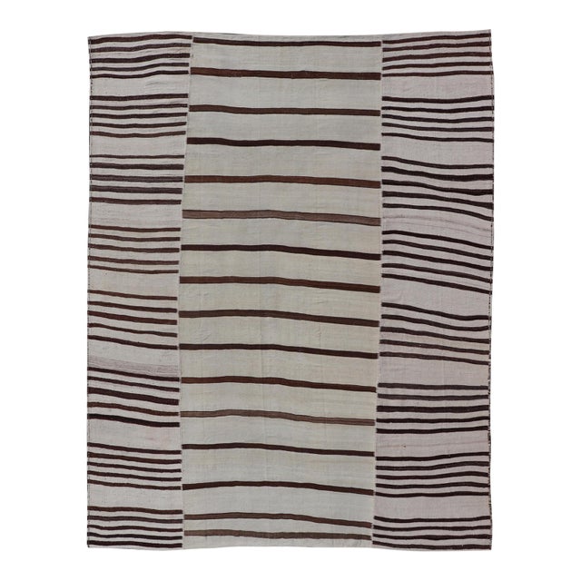 Vintage Hand-Woven Turkish Kilim in Wool With Sub-Geometric Striped Panel Design For Sale