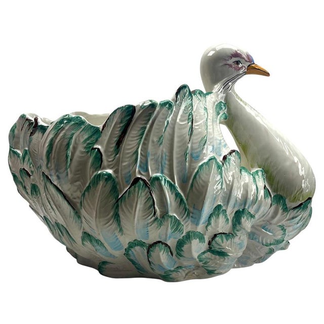 Large Hand-Painted Majolica Swan Jardinière, Italy, 1930s For Sale - Image 10 of 10