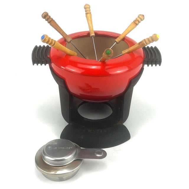 Vintage Red Fondue Set in Enameled Cast Iron Cousances by Le Creuset, 1980s For Sale - Image 16 of 16
