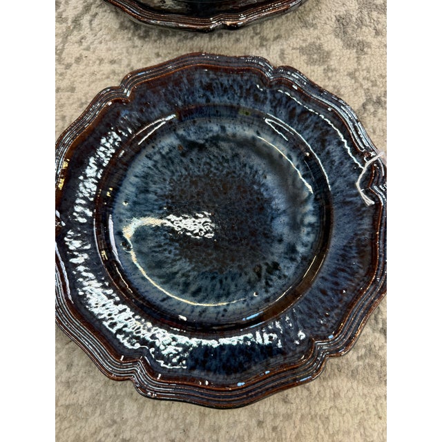 Set of 6 Antique French Dieulefit pottery plate w/reactive glaze & fluted rim Some imperfections on plates and bowls. The...