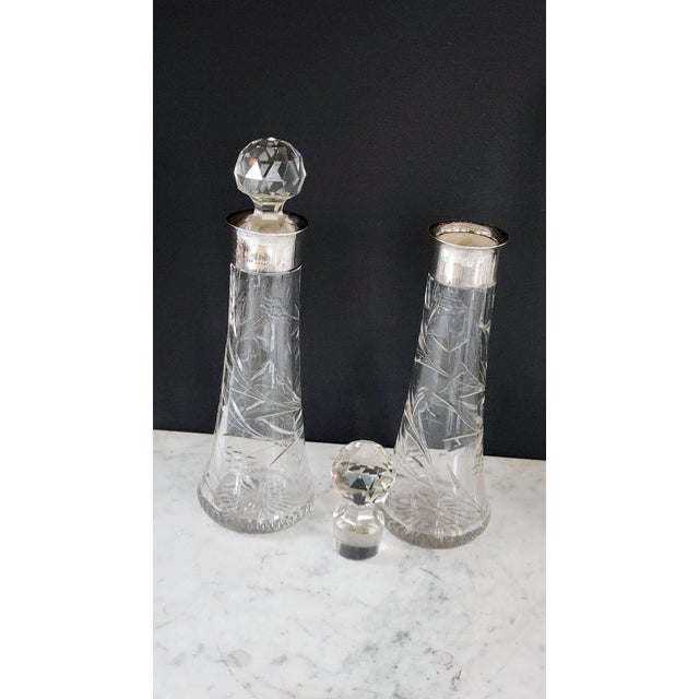 Antique English Sterling Silver & Cut Crystal Decanter Pair — 1899 Birmingham j.g & S Hallmarked, Etched Floral Pattern, Edwardian Bar Cart Accents For Sale - Image 14 of 16