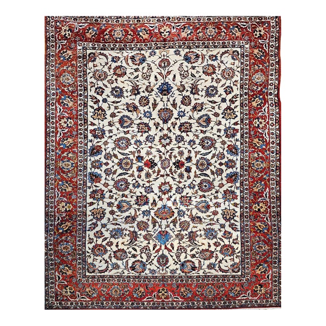 Vintage Persian Isfahan Room Size Rug in Floral Pattern in Ivory, Red, Blue, Green, Pink For Sale