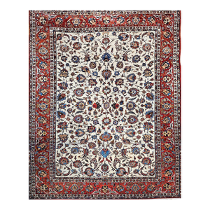 Vintage Persian Isfahan Room Size Rug in Floral Pattern in Ivory, Red, Blue, Green, Pink