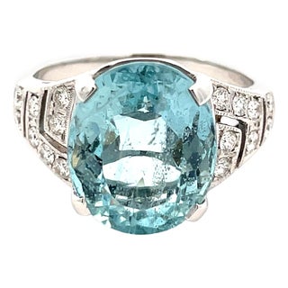18k Gold 5.70 Carat Gfco Certified Aquamarine & Natural Diamond Ring, Size 6.75 For Sale