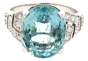 18k Gold 5.70 Carat Gfco Certified Aquamarine & Natural Diamond Ring, Size 6.75