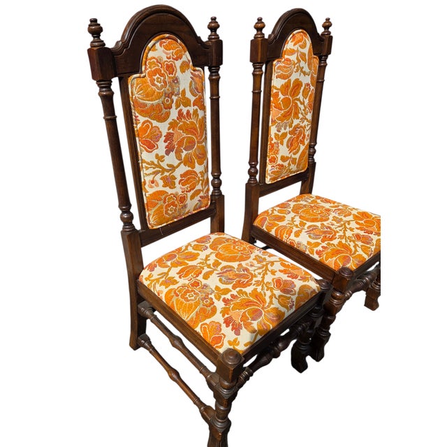 Brown 1970s Ethan Allen Jacobean Royal Charter Oak Dining Room Side Chairs Gothic Pair For Sale - Image 8 of 15