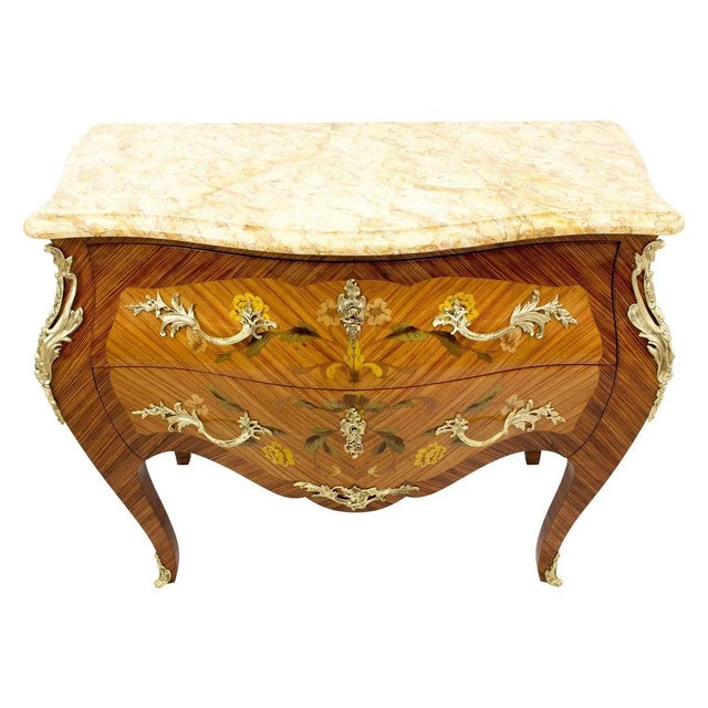 Antique Louis XV Style Wood and Brass Chest of Drawers with Marble Top For Sale - Image 3 of 9