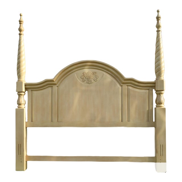 Vintage Wood King Headboard Venetian Poster Carved Cream Off White Provincial For Sale