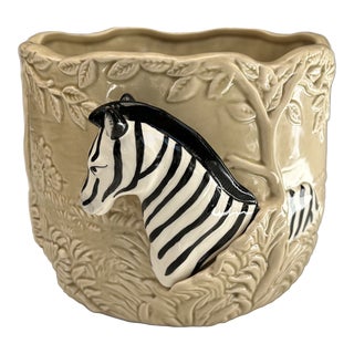Vintage Japanese Round Zebra Ceramic Planter For Sale