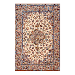 1940s Ivory Medallion Antique Persian Isfahan Rug Silk Highlights 3'8" X 5'5" Knotted Pile Carpet