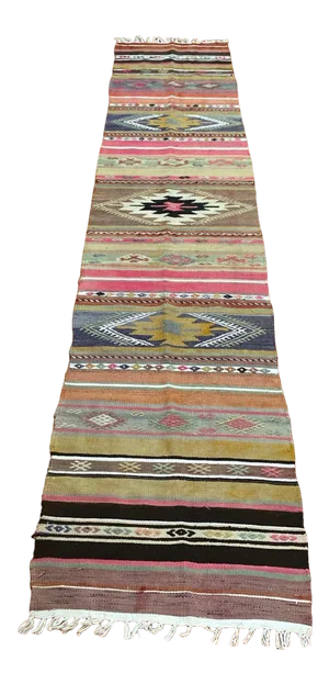 1960s Nomadic Tribal Pink Narrow Flatweave Kilim Rug