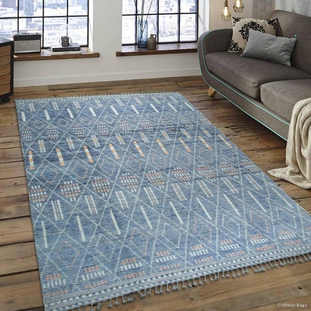 Cornflower Blue 9x12 Blue Hand-Knotted Wool Linear Diamond Grid Geometric Modern Carpet Rug For Sale - Image 8 of 8