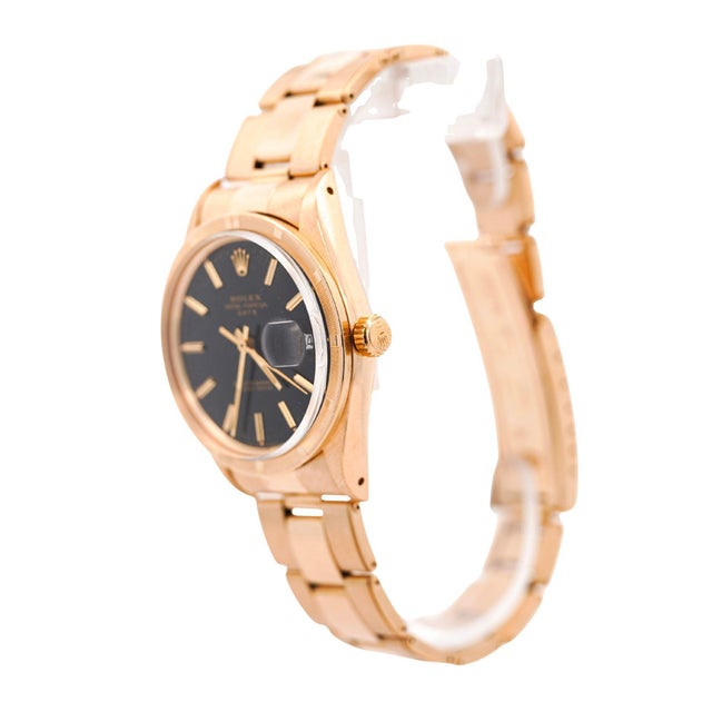 Metal 1970s Rolex Op Date 1501 34mm 18k Gold Black Gloss Dial Watch For Sale - Image 7 of 10