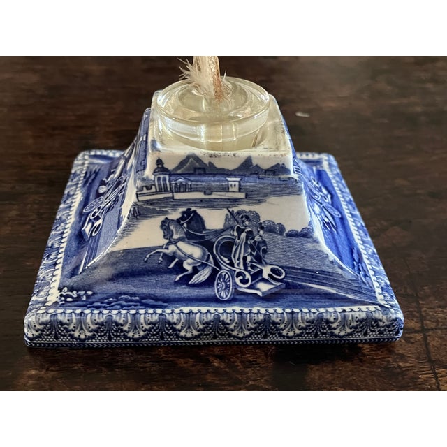 Ceramic Antique English Blue & White Transferware Pyramidal Inkwell With French Glass Insert & Quill For Sale - Image 7 of 14