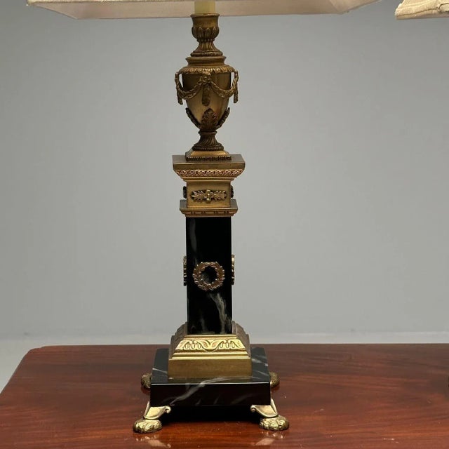 Pair of Hollywood Regency Bronze and Marble Table Lamps, Corinthian Column Form For Sale - Image 9 of 12