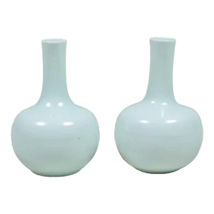 Chinese Monochrome Glaze Celadon Bottle Shape Vases - a Pair
