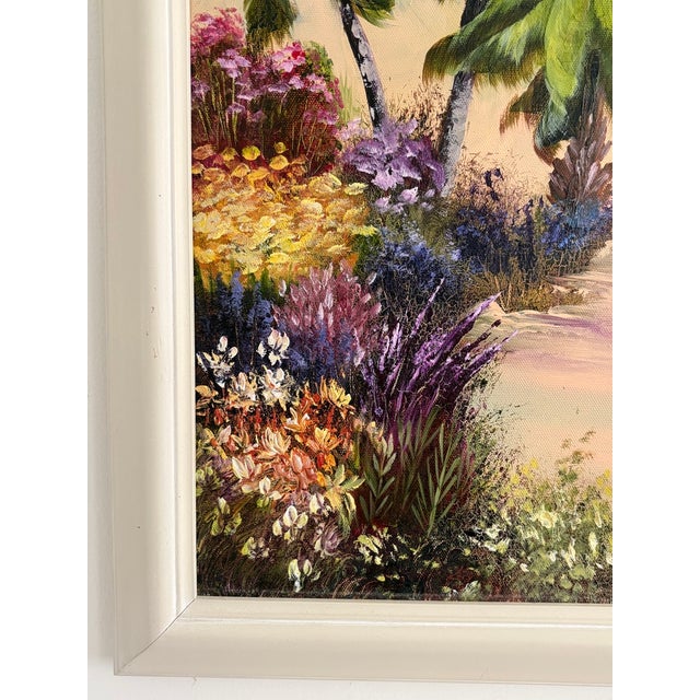 Bright Pink Vintage Signed M. Bryson Tropical Beach Palm Tree Landscape Painting, Framed For Sale - Image 8 of 17