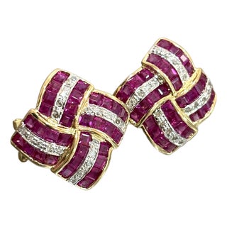14k Gold Ruby and Diamond Earrings For Sale