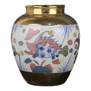 Chinese Vintage Ceramic Pot,Gold Ground Blue and White Famille Verter Porcelain Jar Hand Painted Fish and Waterweed Pattern