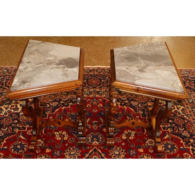 Late 19th Century 19th Century Walnut Figural Renaissance Revival Italian Marble Top End Tables - Set of 2 For Sale - Image 5 of 12