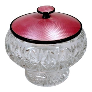 1930s English Sterling Enamel Guilloche Powder Jar For Sale