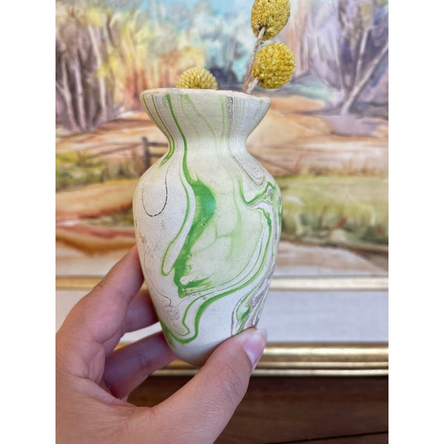 1970s Vintage Studio Pottery Bud Vase With Green and Brown Marbled Glaze For Sale - Image 5 of 9