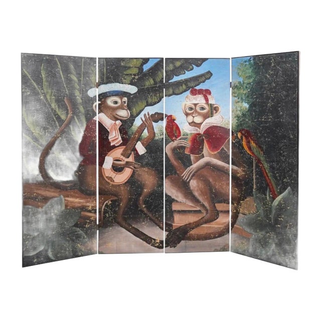 Vintage Decorative 4 Panels Monkeys Screen or Room Divider For Sale