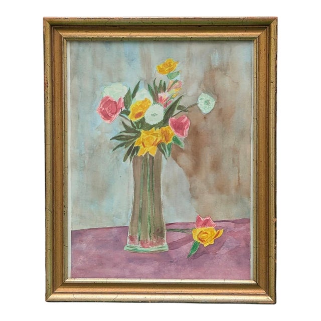 Vintage Original Still Life Floral Watercolor Painting Framed For Sale