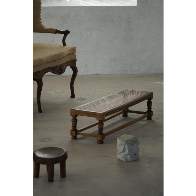 1940s Danish Oak Ottoman with Hand-Embroidered Cushion and Cane Seat, 1940s For Sale - Image 5 of 18