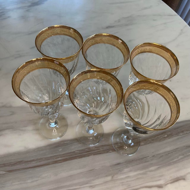 Italian 1980s Vintage Gilded Venetian Inspired Stemware Wine Glasses- Set of 6 For Sale - Image 3 of 8