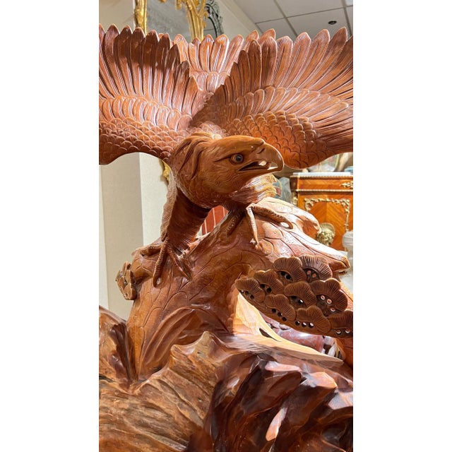 Monumental Japanese Eagle Statue in Teak with Burlwood