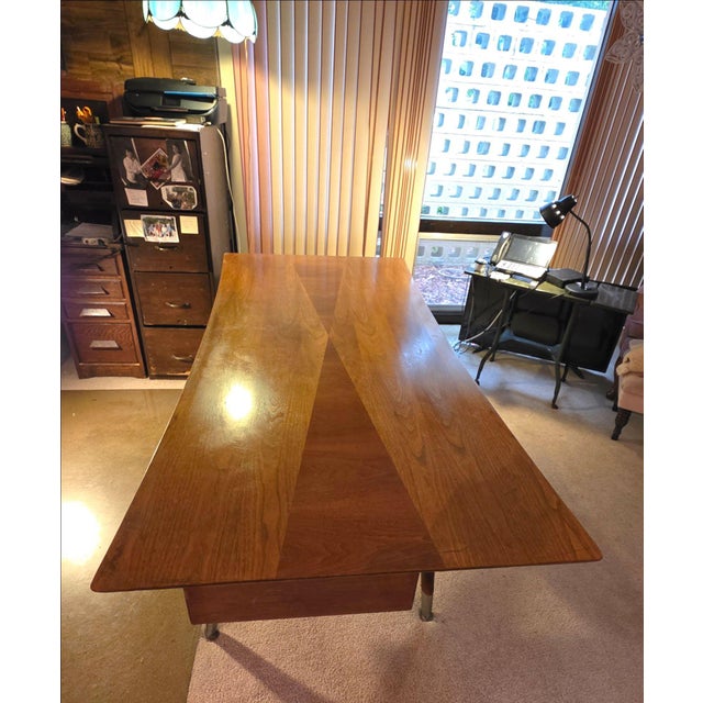 Mid 20th Century Alma Skulptura Mid Century Walnut Executive Desk, 78” Danish Modern, Cane Panel For Sale - Image 4 of 11