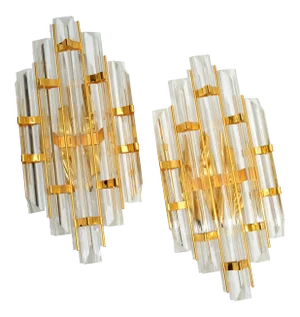 Venini Style Crystal & Brass Sconces Mid-Century Modern Italy 1970 - Pair