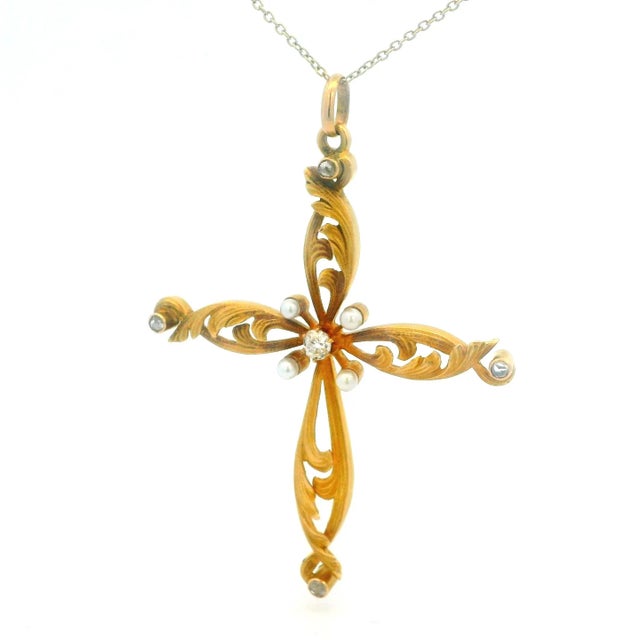 Metal Antique 1900s 18k Gold Cross Pendant With Diamonds & Pearls For Sale - Image 7 of 10