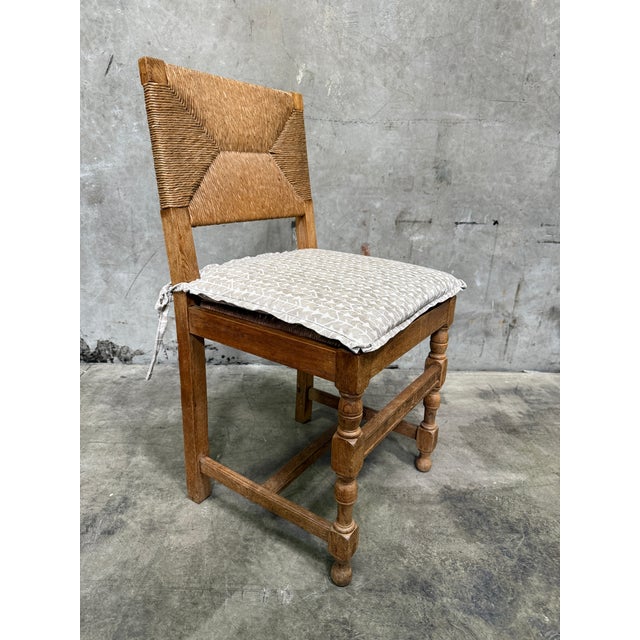 Vintage French Rush Seat Back Oak Dining Chairs Set of Four Bleached Farmhouse For Sale - Image 4 of 17
