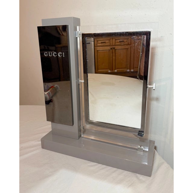 Italian Rare Vintage Original Gucci Wood Lucite Metal Countertop Makeup Mirror Display For Sale - Image 3 of 14