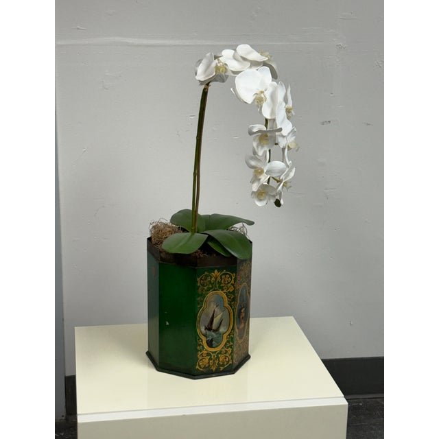 Savage London Painted Tole Canister + Faux Orchid Arrangement, 19th-Century For Sale - Image 4 of 12