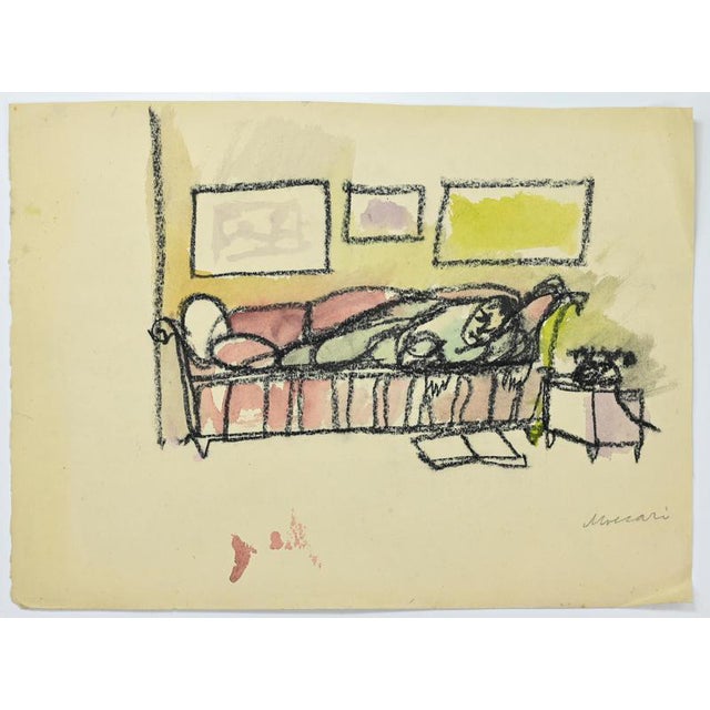 Mino Maccari, The Hour of Rest, 1960s, Charcoal and Watercolor For Sale