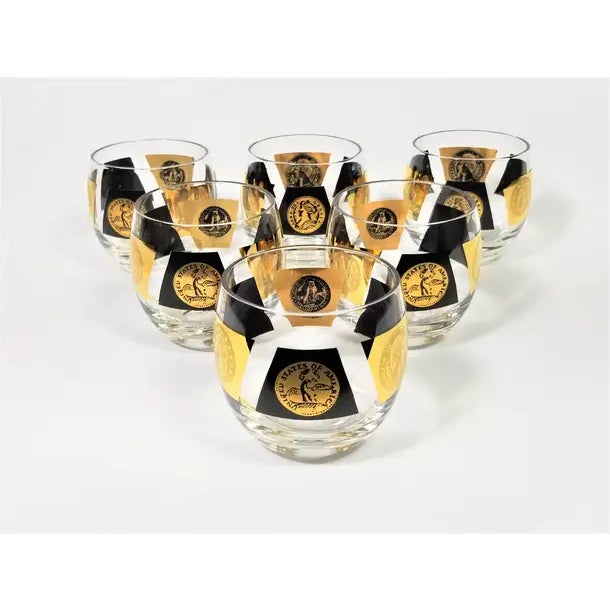 Cera 22-Karat Gold Currency Collection 1960s Mid Century Signed Glassware Barware. Set of 6. For Sale - Image 4 of 12