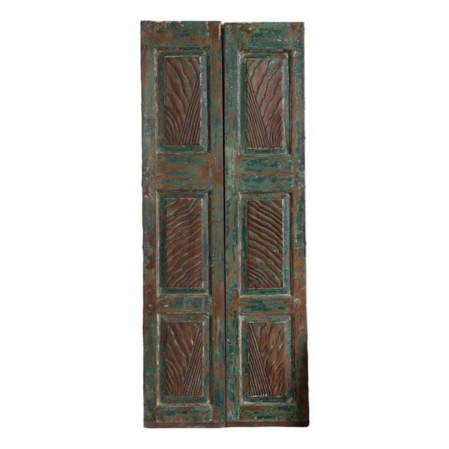 Vintage Blue Floral Carved Double Doors – Reclaimed Wood French Doors 80x32 For Sale