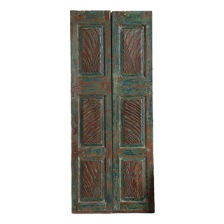 Vintage Blue Floral Carved Double Sliding Doors – Reclaimed Wood Statement Doors 80x32 For Sale