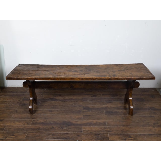 Italian 1800s Walnut Farm Table with Carved Legs, Stretcher and Weathered Patina For Sale - Image 9 of 12