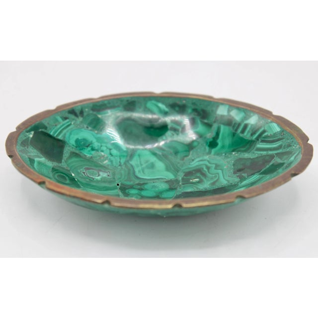 A superb Mid Century Modern genuine malachite soap or ring dish with bronze perimeter, circa 1950. This is a bright...