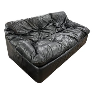 Cinna Black Leather Sofa, 1970 For Sale