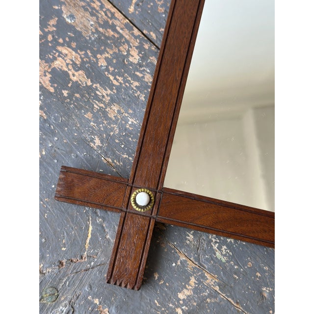 Antique Walnut Cross-Hatch Framed Mirror With Porcelain + Brass Cabochon Details, Circa Early 20th Century For Sale - Image 9 of 13