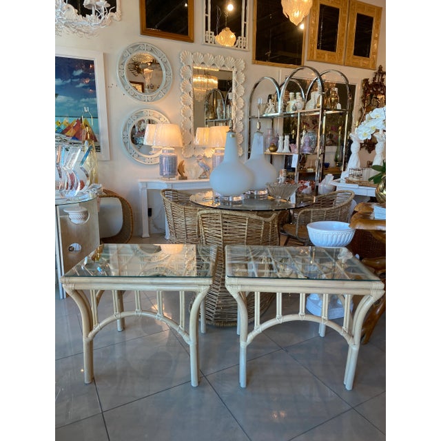 Tan Vintage Rattan End Side Tables Glass Top -A Pair For Sale - Image 8 of 10