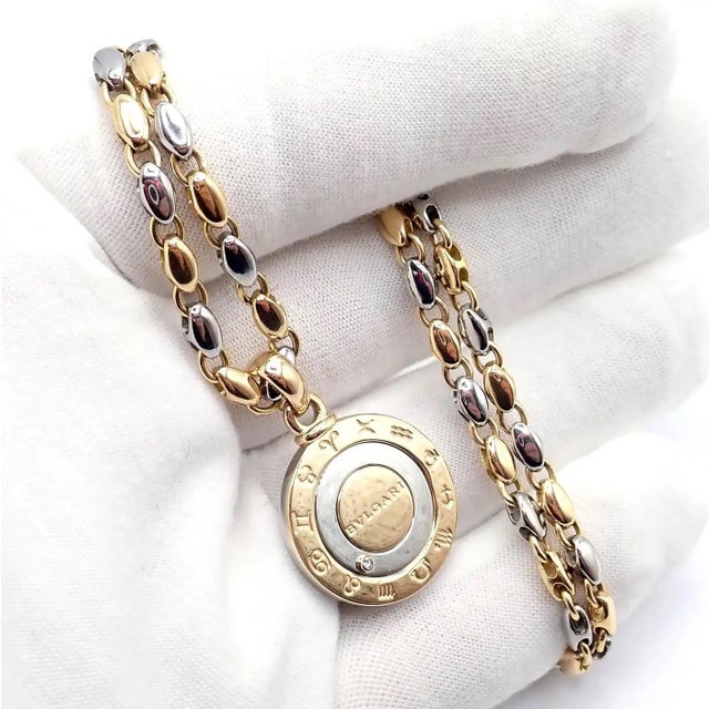 1970s Bulgari Zodiac Pendant Yellow Gold Steel Diamond Necklace For Sale - Image 11 of 12